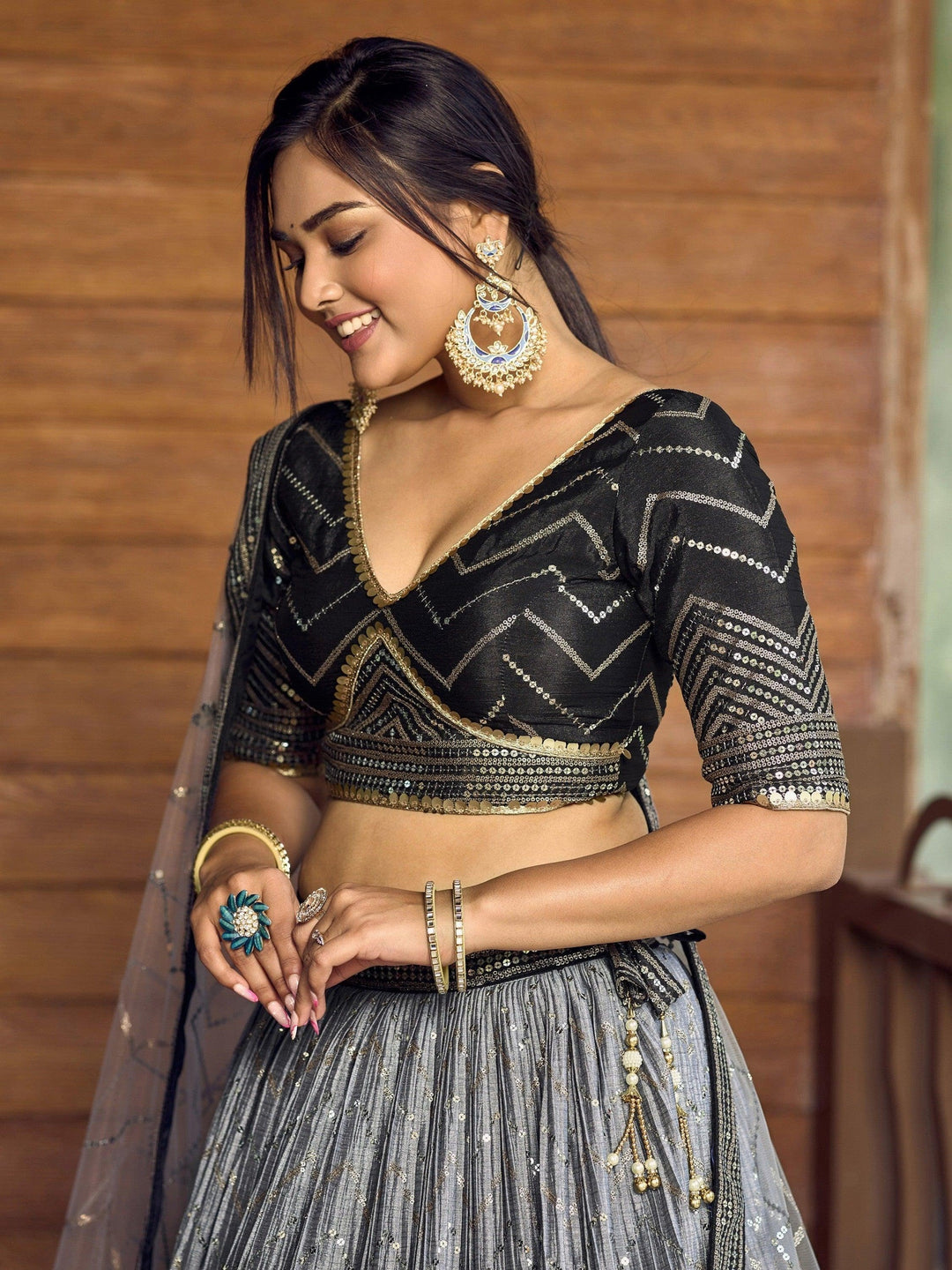 Black Sequins Chinon Events Wear Lehenga Choli With Dupatta