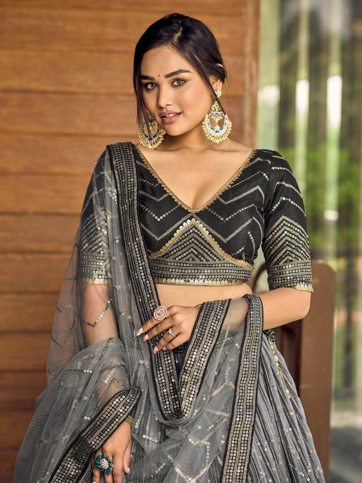 Black Sequins Chinon Events Wear Lehenga Choli With Dupatta
