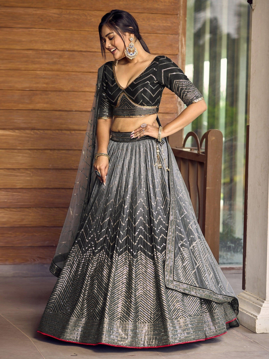 Black Sequins Chinon Events Wear Lehenga Choli With Dupatta