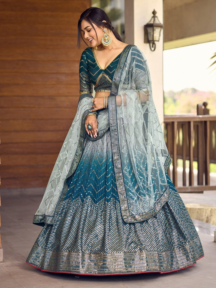 Teal Blue Sequins Chinon Sangeet Wear Lehenga Choli With Dupatta