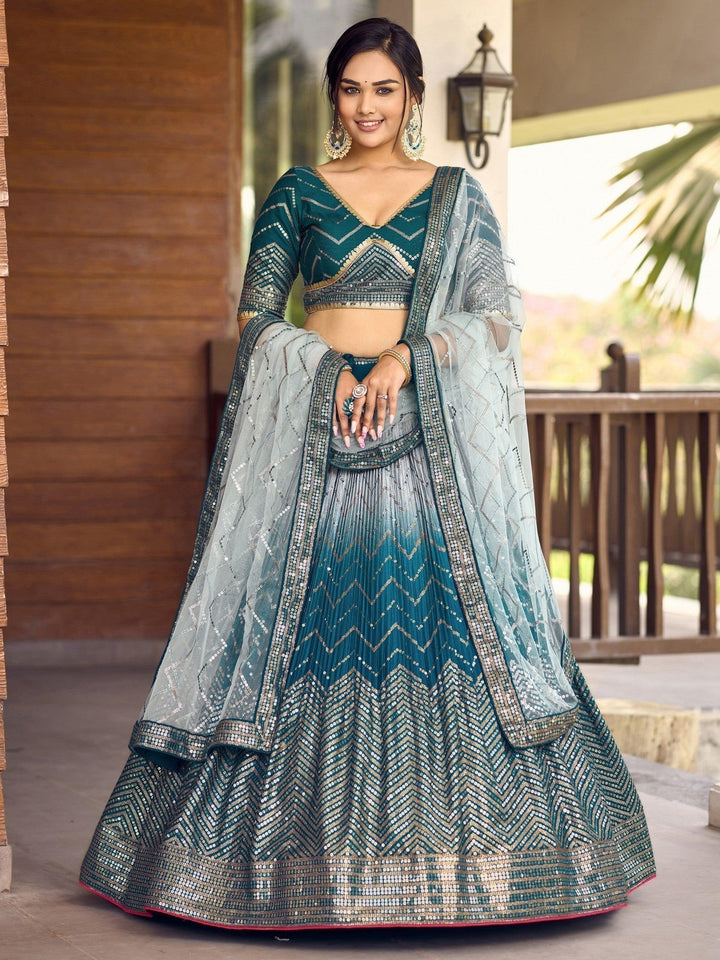 Teal Blue Sequins Chinon Sangeet Wear Lehenga Choli With Dupatta