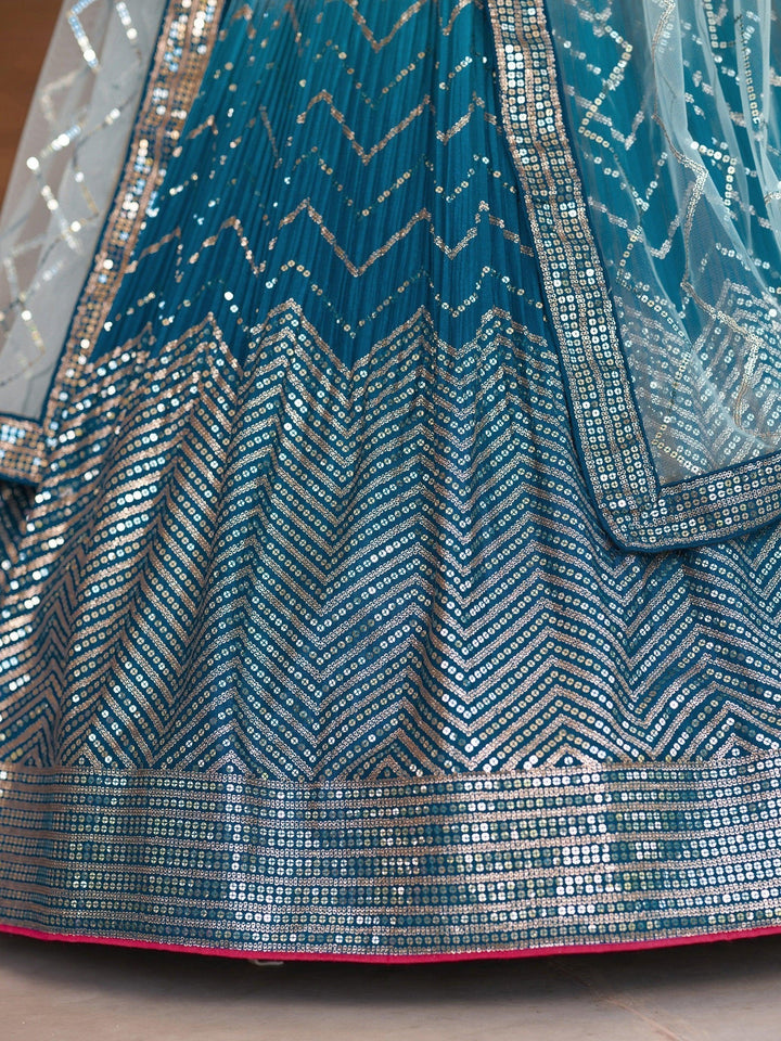 Teal Blue Sequins Chinon Sangeet Wear Lehenga Choli With Dupatta