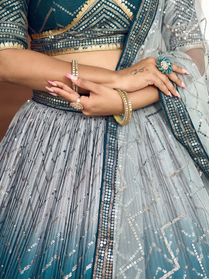 Teal Blue Sequins Chinon Sangeet Wear Lehenga Choli With Dupatta