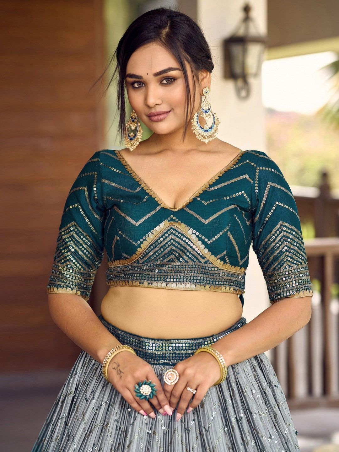 Teal Blue Sequins Chinon Sangeet Wear Lehenga Choli With Dupatta