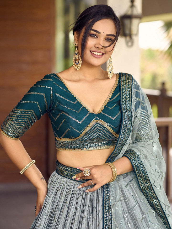Teal Blue Sequins Chinon Sangeet Wear Lehenga Choli With Dupatta