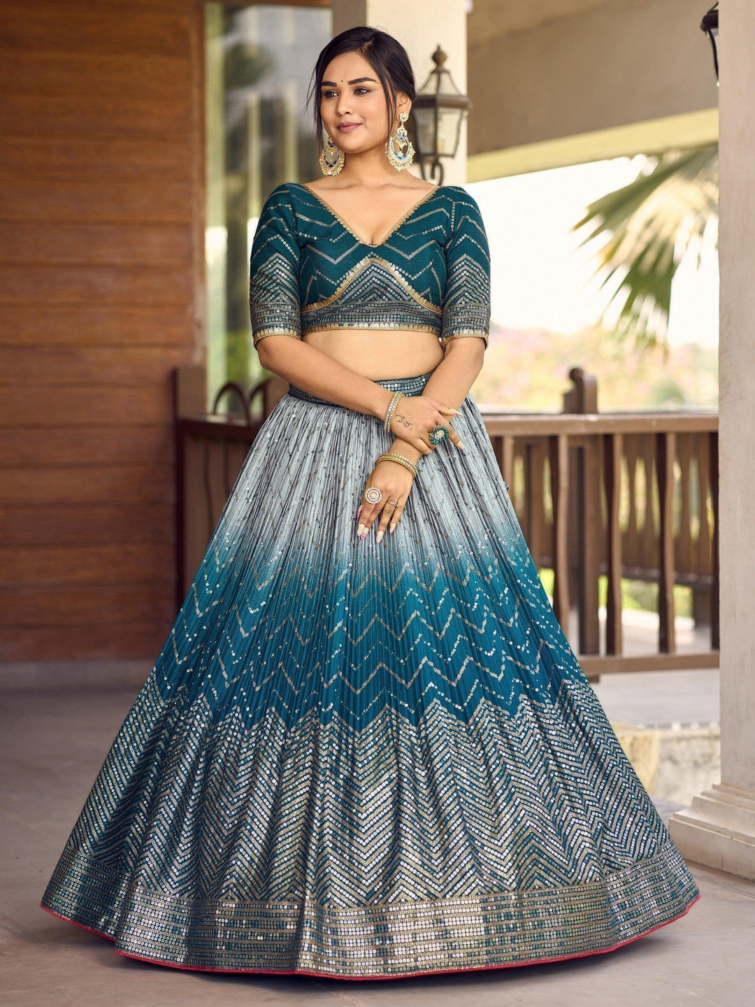 Teal Blue Sequins Chinon Sangeet Wear Lehenga Choli With Dupatta