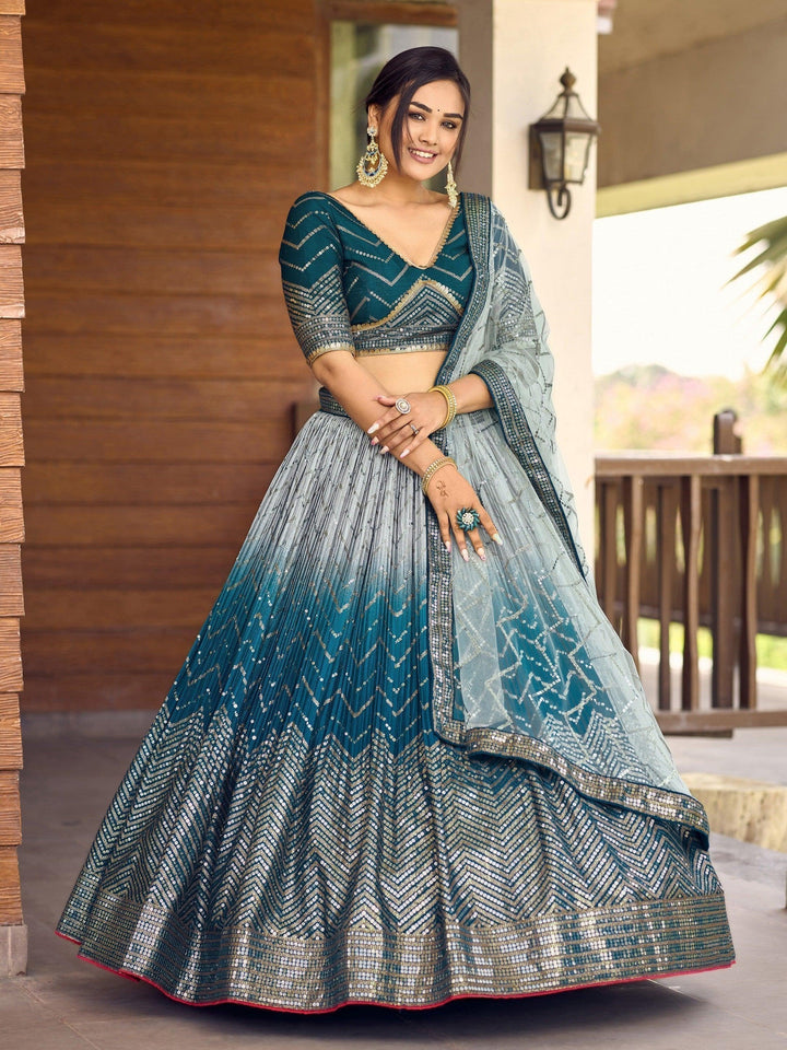 Teal Blue Sequins Chinon Sangeet Wear Lehenga Choli With Dupatta