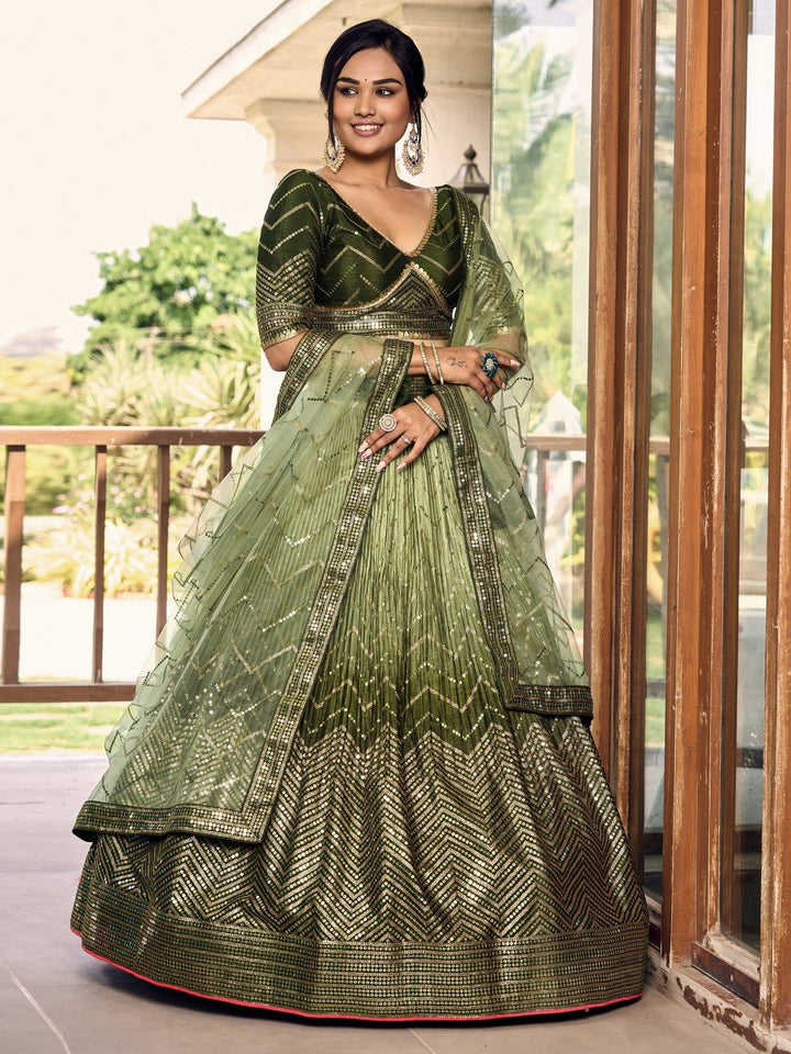 Green Sequins Chinon Mehendi Wear Lehenga Choli
