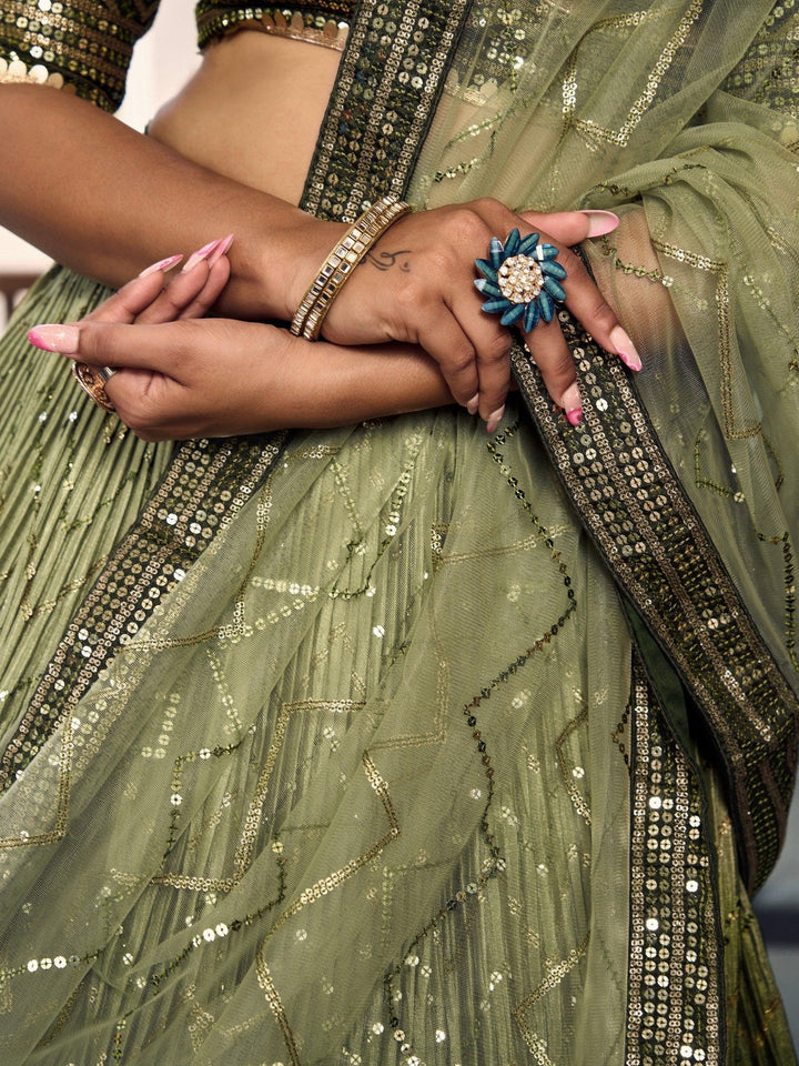 Green Sequins Chinon Mehendi Wear Lehenga Choli