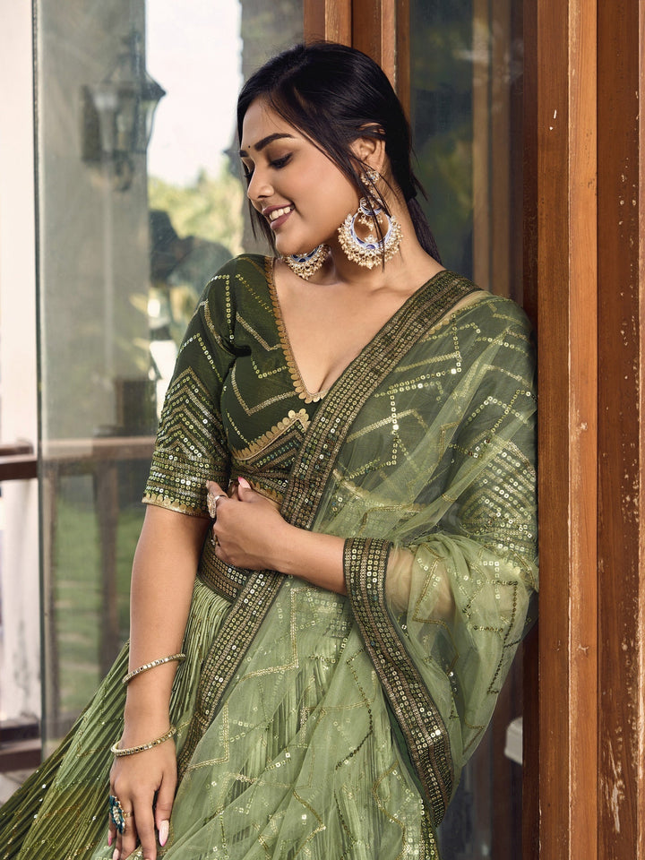 Wonderful Green Sequins Chinon Mehendi Wear Lehenga Choli
