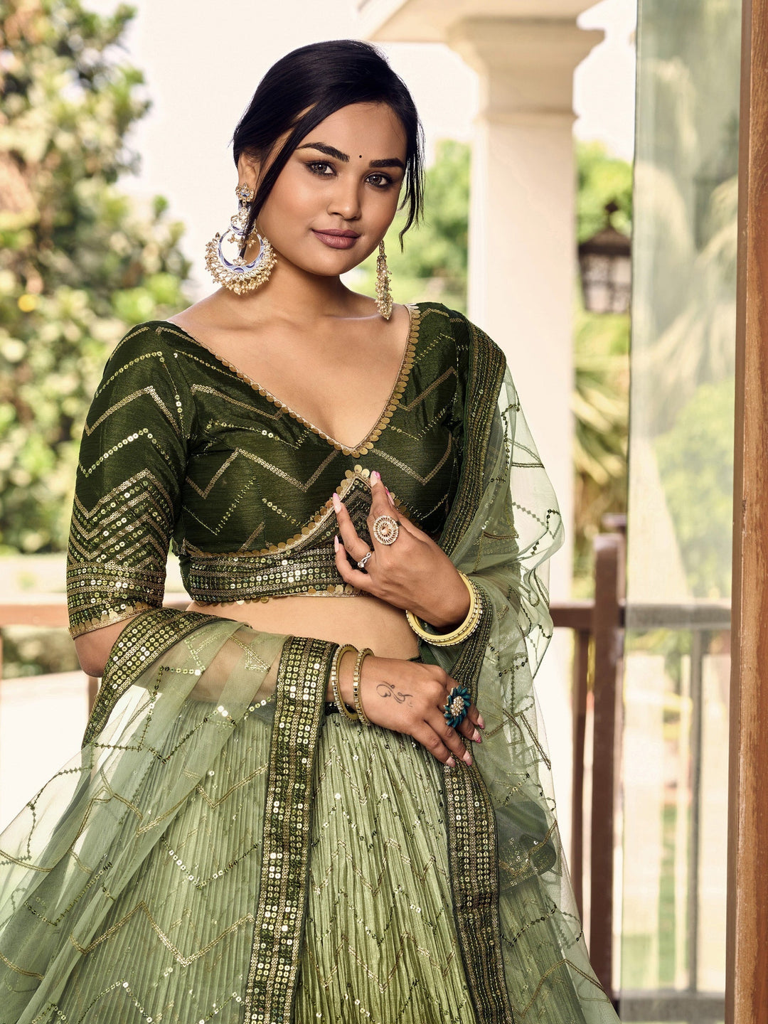 Green Sequins Chinon Mehendi Wear Lehenga Choli