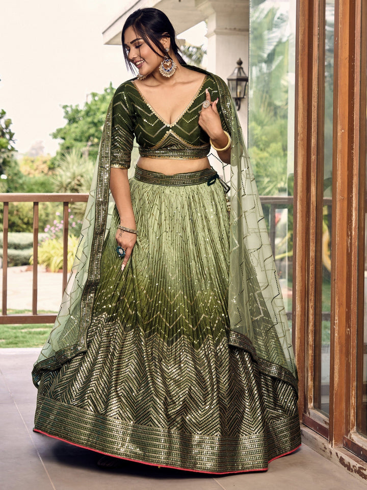 Green Sequins Chinon Mehendi Wear Lehenga Choli