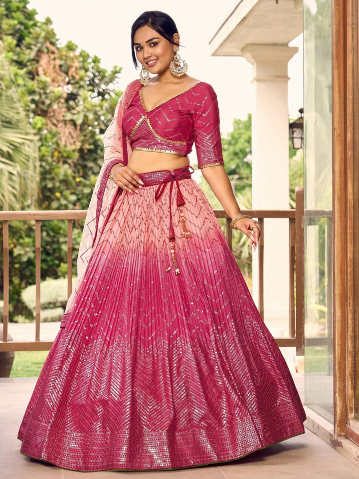 Pink Sequins Chinon Wedding Wear Lehenga Choli With Dupatta
