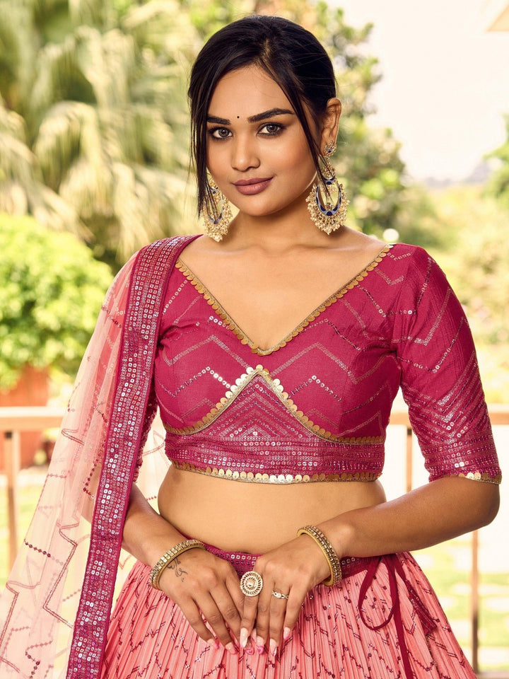 Pink Sequins Chinon Wedding Wear Lehenga Choli With Dupatta