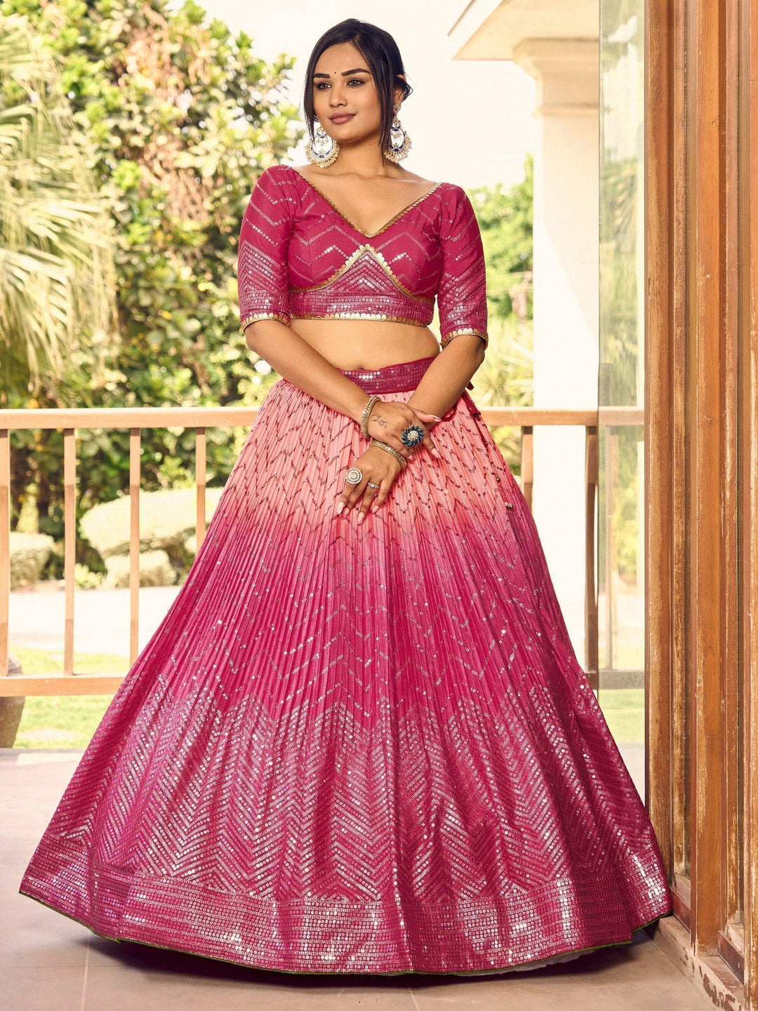 Pink Sequins Chinon Wedding Wear Lehenga Choli With Dupatta