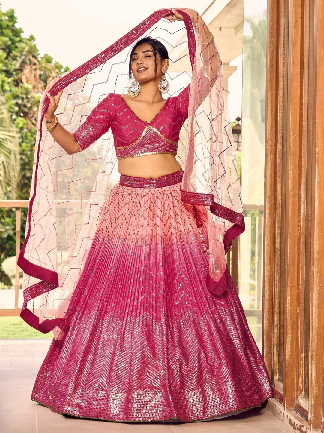 Pink Sequins Chinon Wedding Wear Lehenga Choli With Dupatta