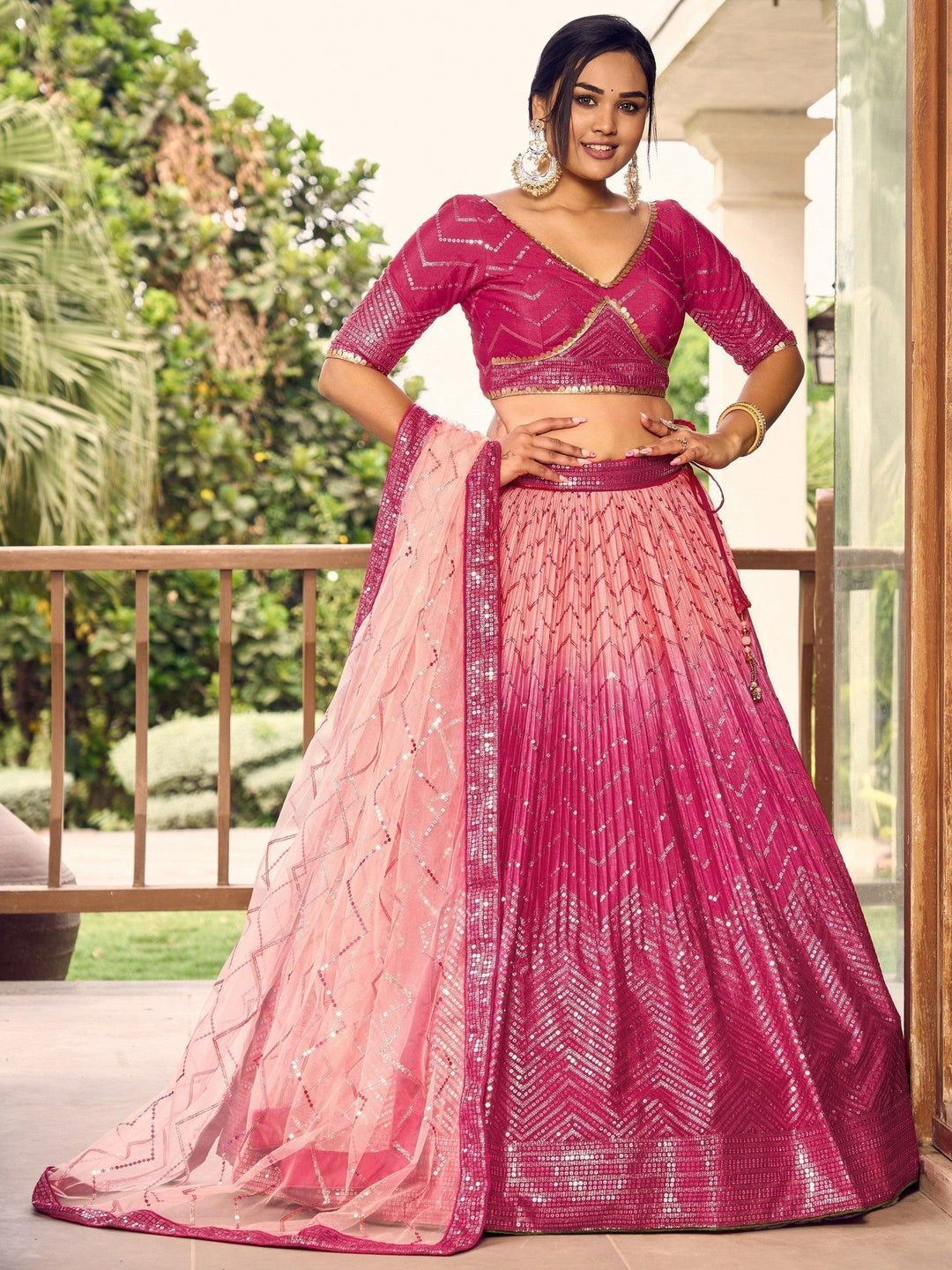 Pink Sequins Chinon Wedding Wear Lehenga Choli With Dupatta