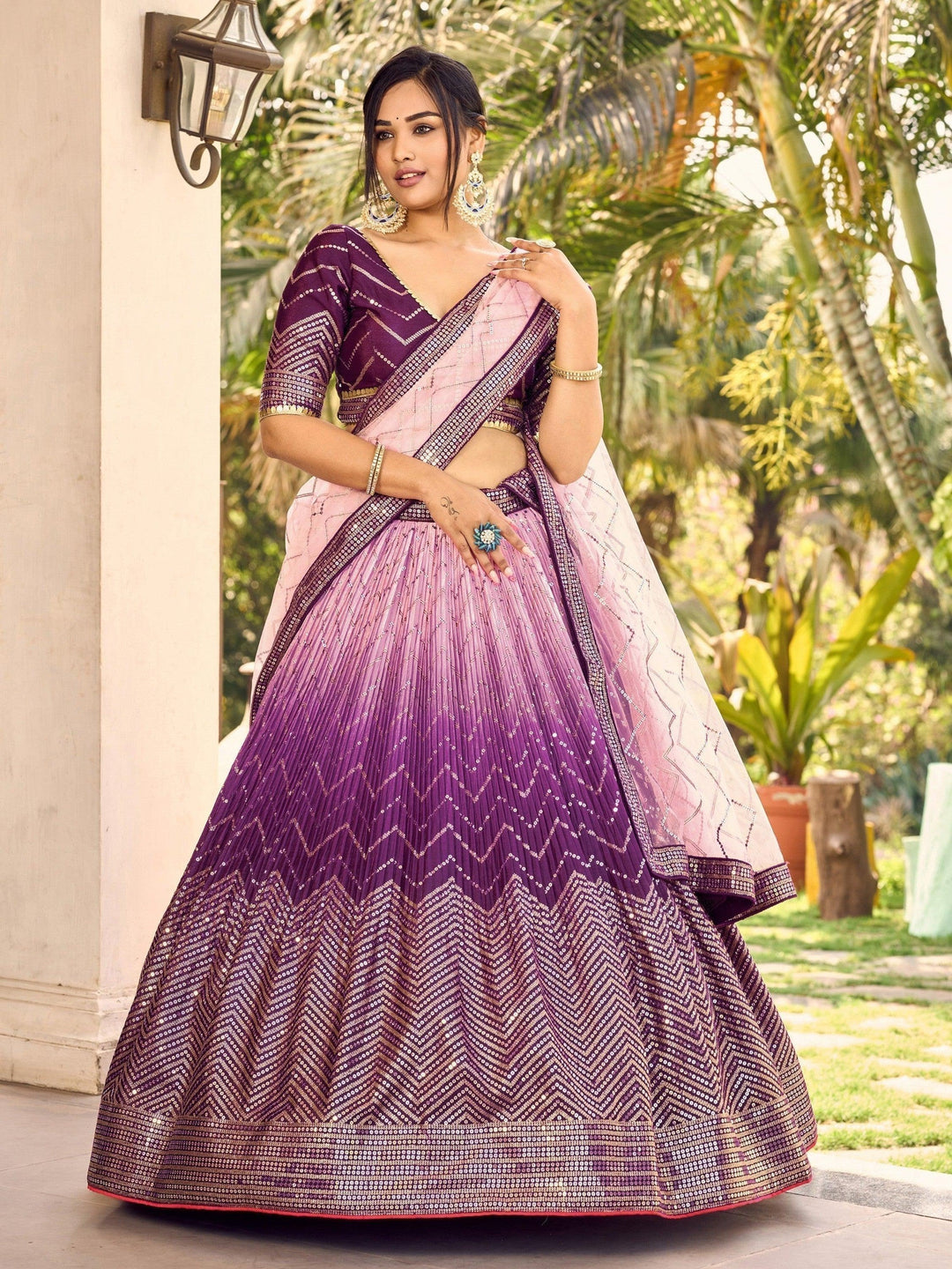 Purple Sequins Chinon Traditional Lehenga Choli With Dupatta