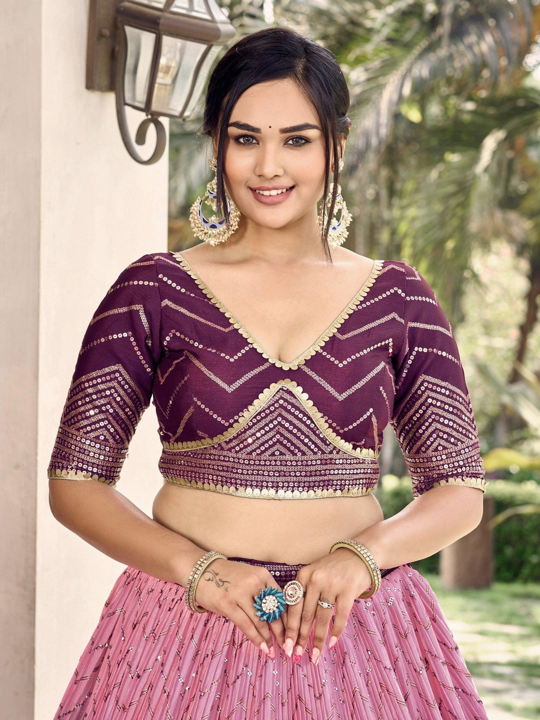 Purple Sequins Chinon Traditional Lehenga Choli With Dupatta