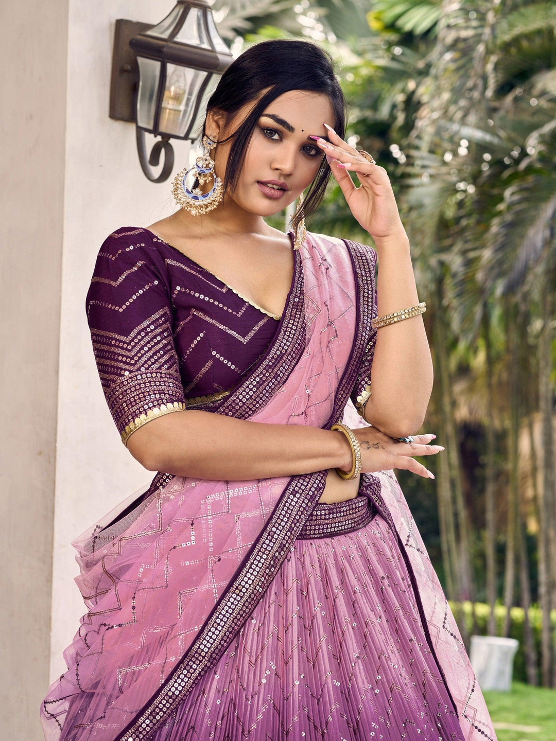 Purple Sequins Chinon Traditional Lehenga Choli With Dupatta