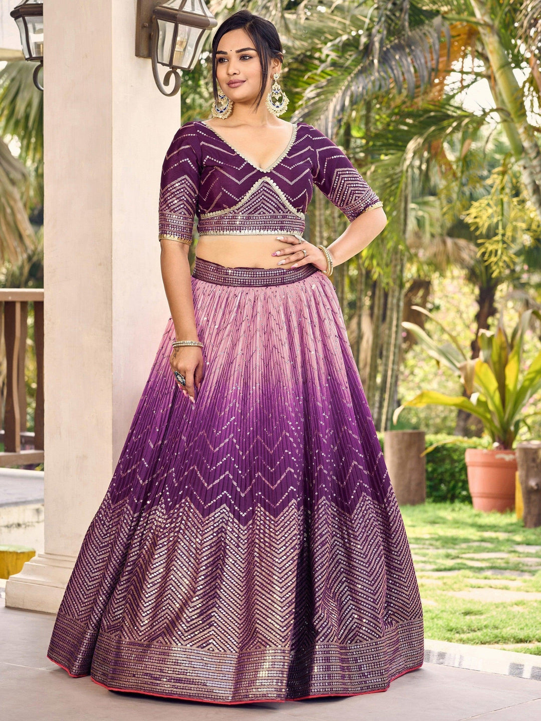 Purple Sequins Chinon Traditional Lehenga Choli With Dupatta