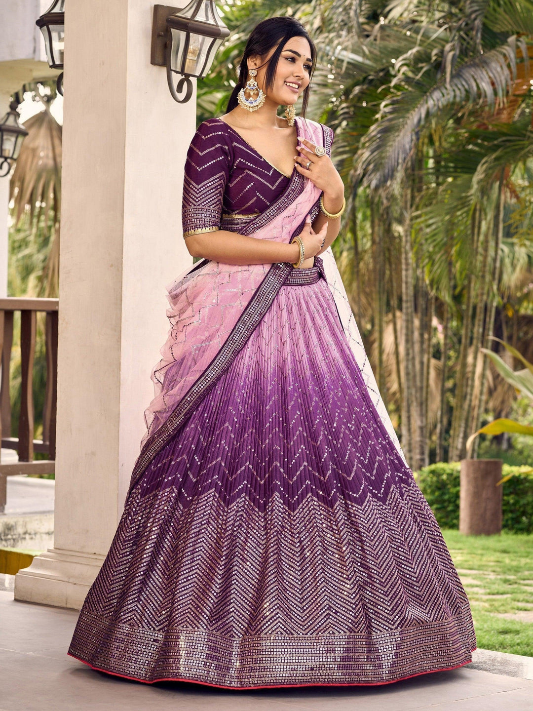 Purple Sequins Chinon Traditional Lehenga Choli With Dupatta