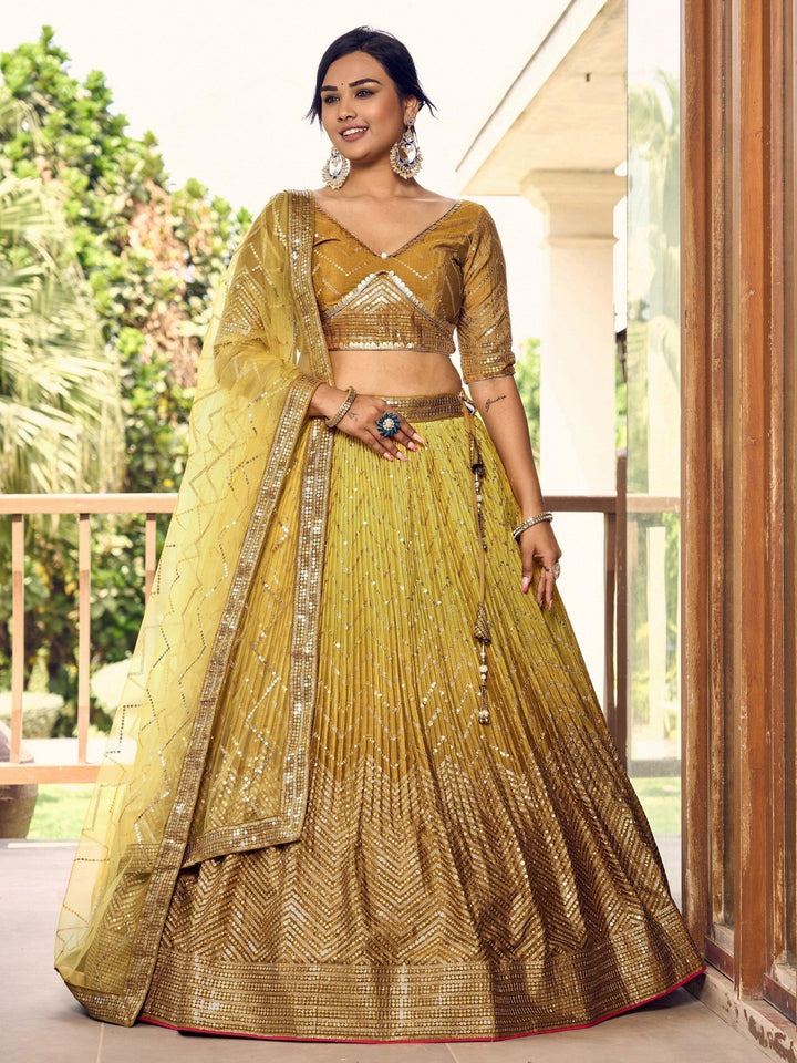 Yellow Sequins Chinon Haldi Wear Lehenga Choli With Dupatta