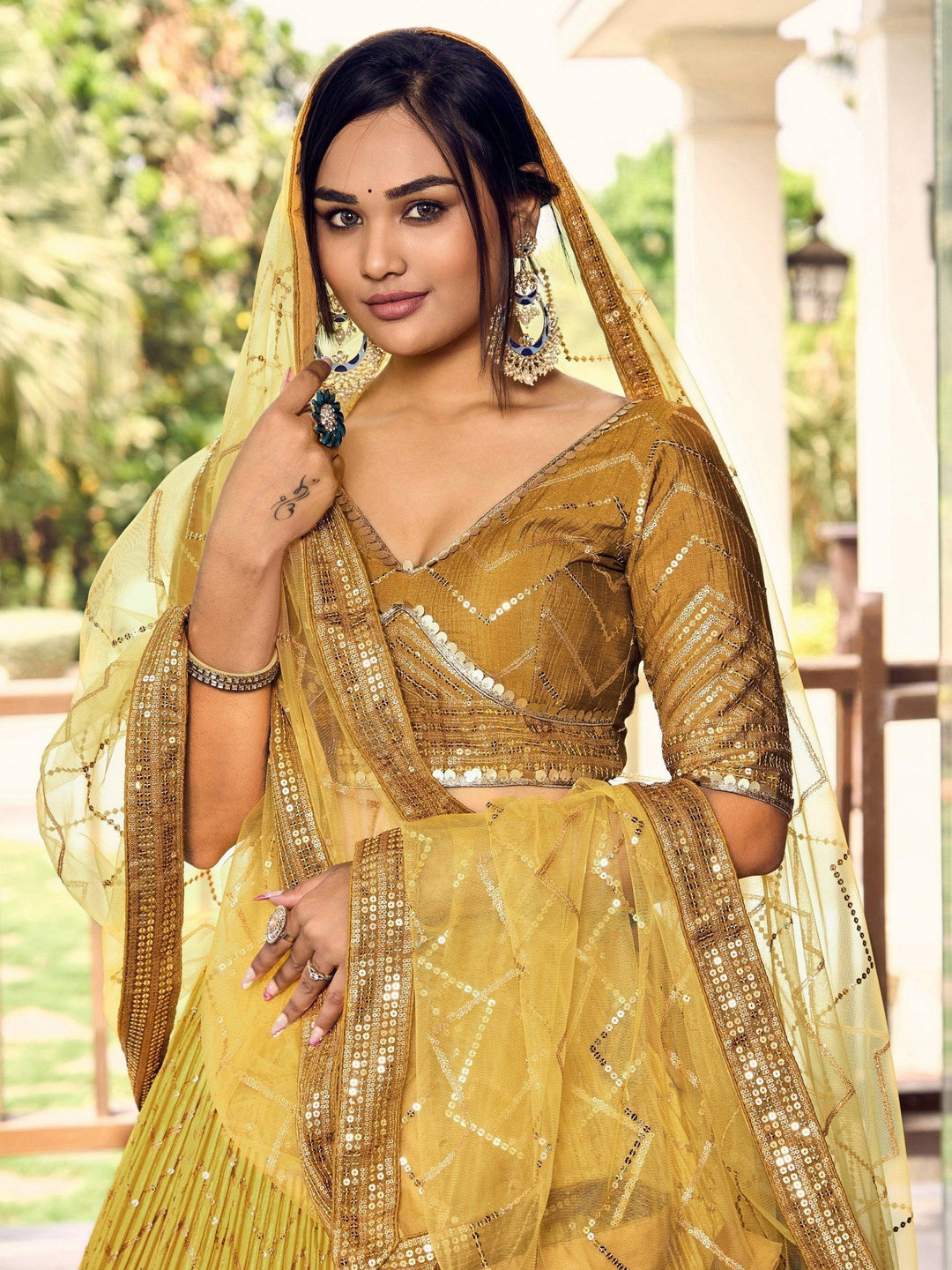 Yellow Sequins Chinon Haldi Wear Lehenga Choli With Dupatta