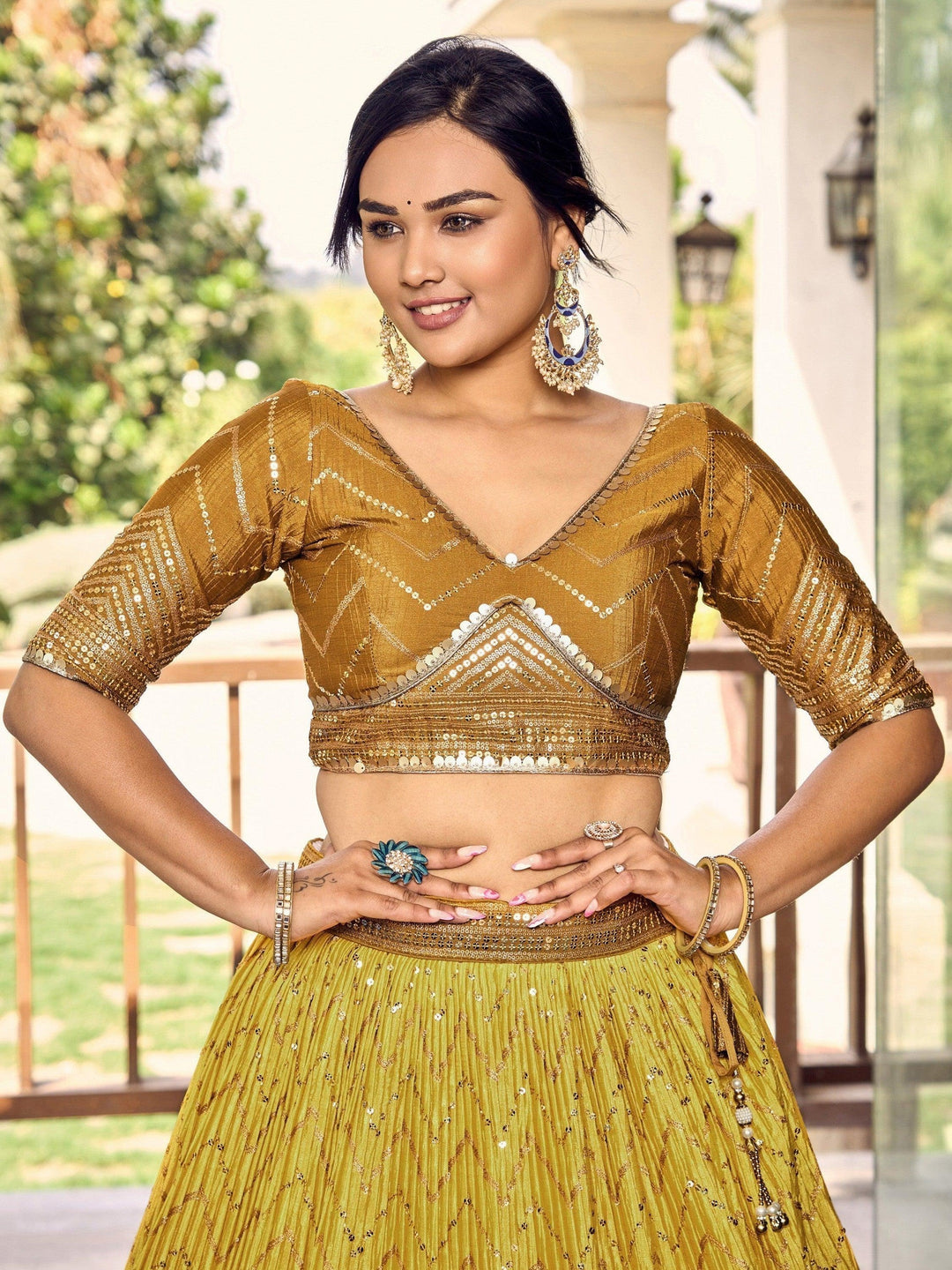 Yellow Sequins Chinon Haldi Wear Lehenga Choli With Dupatta