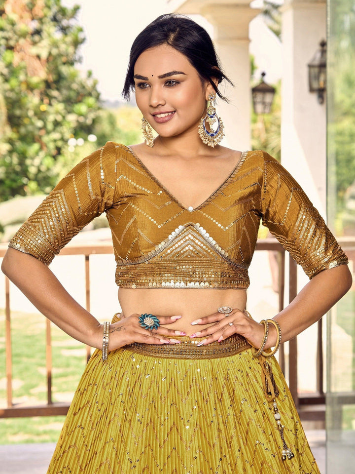 Yellow Sequins Chinon Haldi Wear Lehenga Choli With Dupatta