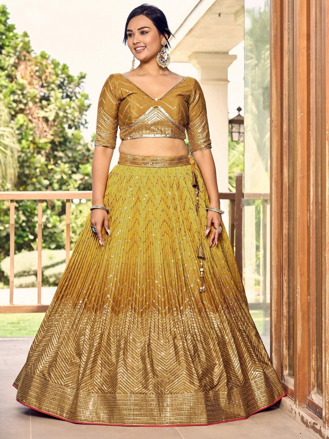 Yellow Sequins Chinon Haldi Wear Lehenga Choli With Dupatta