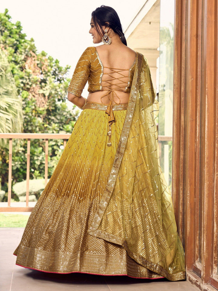 Yellow Sequins Chinon Haldi Wear Lehenga Choli With Dupatta