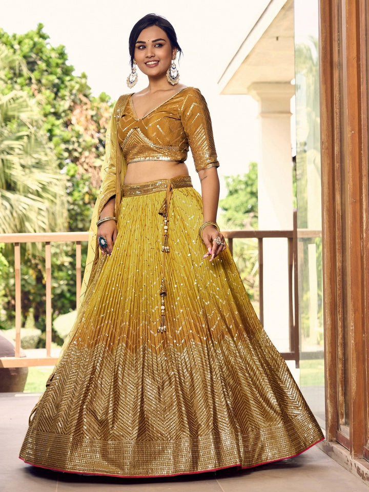 Yellow Sequins Chinon Haldi Wear Lehenga Choli With Dupatta