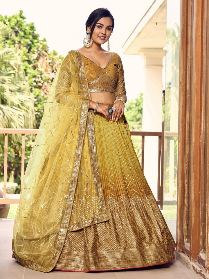 Yellow Sequins Chinon Haldi Wear Lehenga Choli With Dupatta