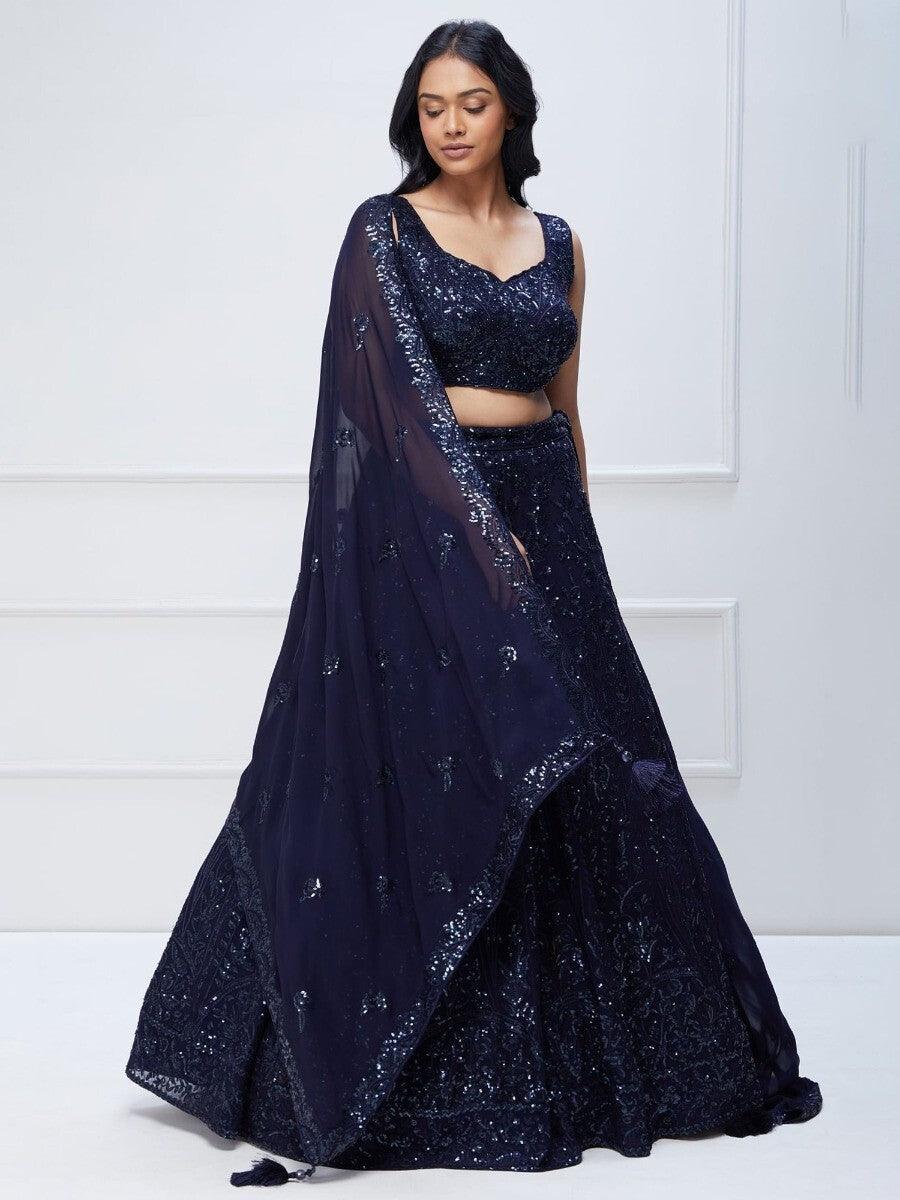 Navy Blue Sequins Georgette Engagement Wear Lehenga Choli