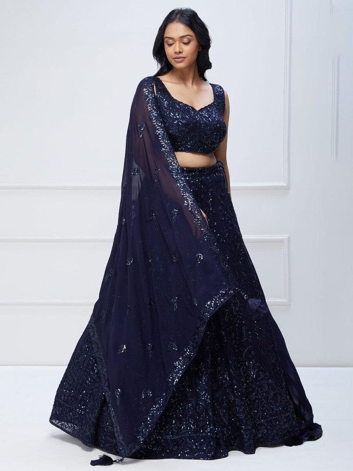 Navy Blue Sequins Georgette Engagement Wear Lehenga Choli