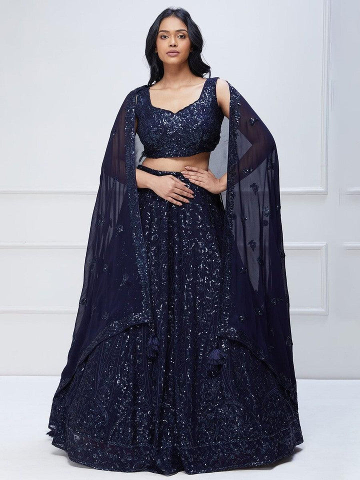 Navy Blue Sequins Georgette Engagement Wear Lehenga Choli