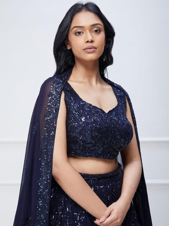 Navy Blue Sequins Georgette Engagement Wear Lehenga Choli