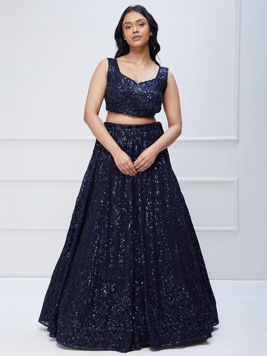 Navy Blue Sequins Georgette Engagement Wear Lehenga Choli