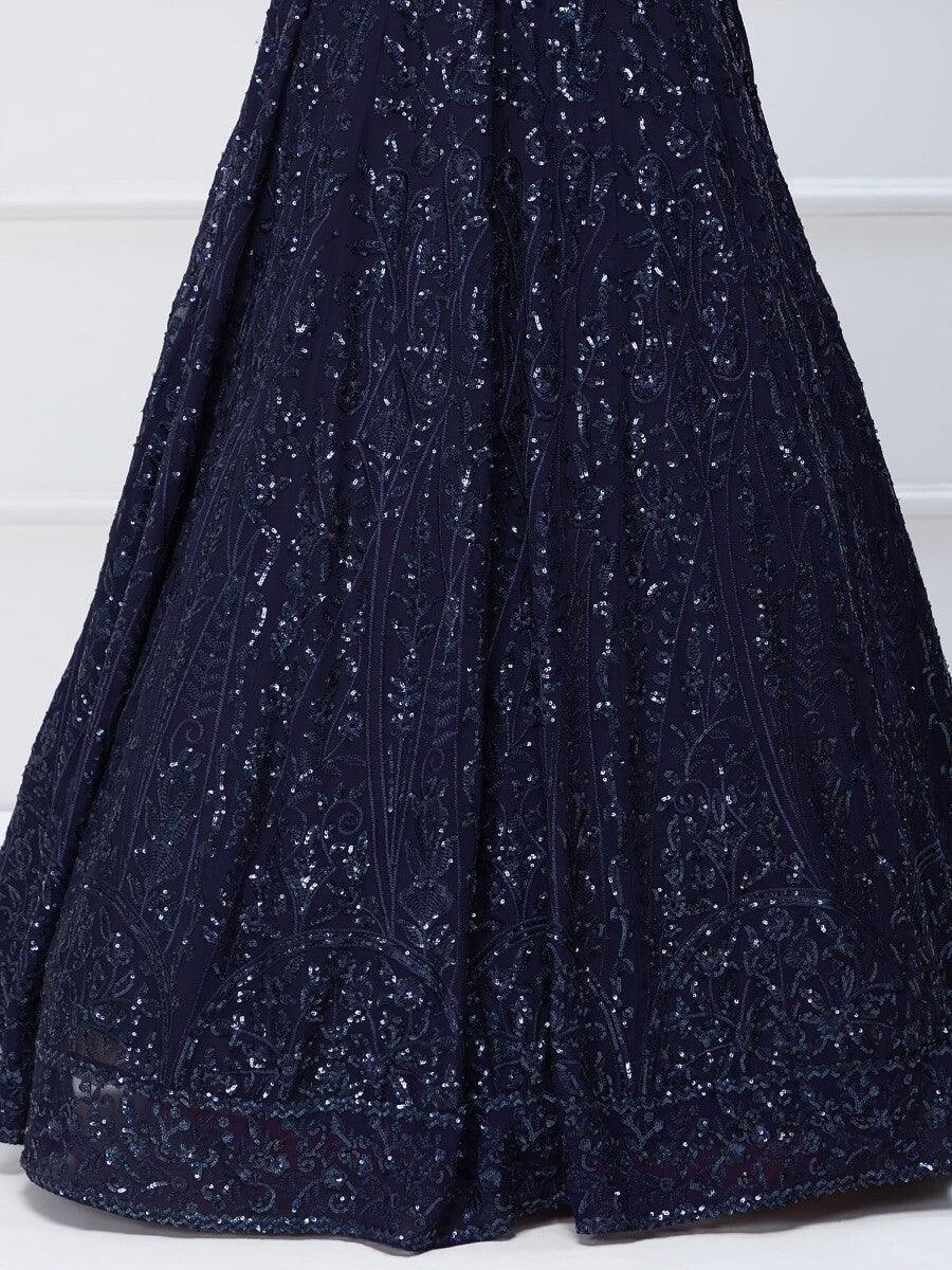 Navy Blue Sequins Georgette Engagement Wear Lehenga Choli